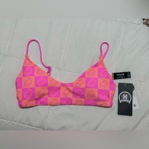 Hurley Pink and Orange Checkerboard Smiley Bikini Top